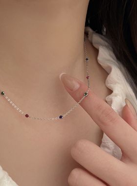 小红书爆款纯银七彩锆石项链叠戴彩色宝石转运珠锁骨链轻奢高级感