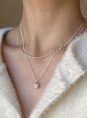 s925纯银不规则贝壳珍珠豌豆豆项链ins小众叠戴橄榄珠锁骨链D9229