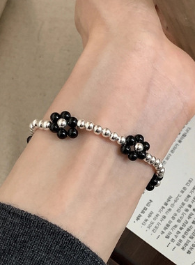 S925纯银甜妹黑玛瑙山茶花银珠手链女甜酷小黑花银豆豆戒指高级感
