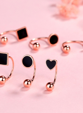 黑色螺丝u形耳钉纯银18K双头拧扣防掉玫瑰金c形圆圈耳饰新款潮