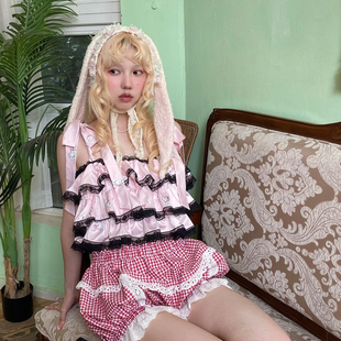 饼饼制作 2way辣妹 蛋糕吊带系带上衣 原创手绘猫咪印花