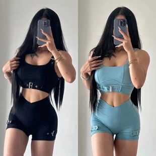 欧美裸感紧身瑜伽套装机车风美背健身瑜伽运动套装女短裤加上衣