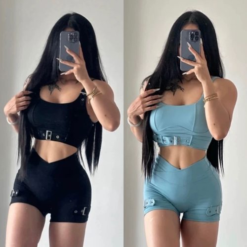 欧美裸感紧身瑜伽套装机车风美背健身瑜伽运动套装女短裤加上衣