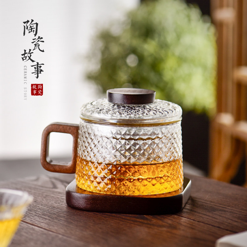 陶瓷故事玻璃泡茶杯墩墩杯茶水分离水杯子带盖子木把锤纹三件个人