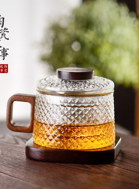 陶瓷故事玻璃泡茶杯墩墩杯茶水分离水杯子带盖子木把锤纹三件个人