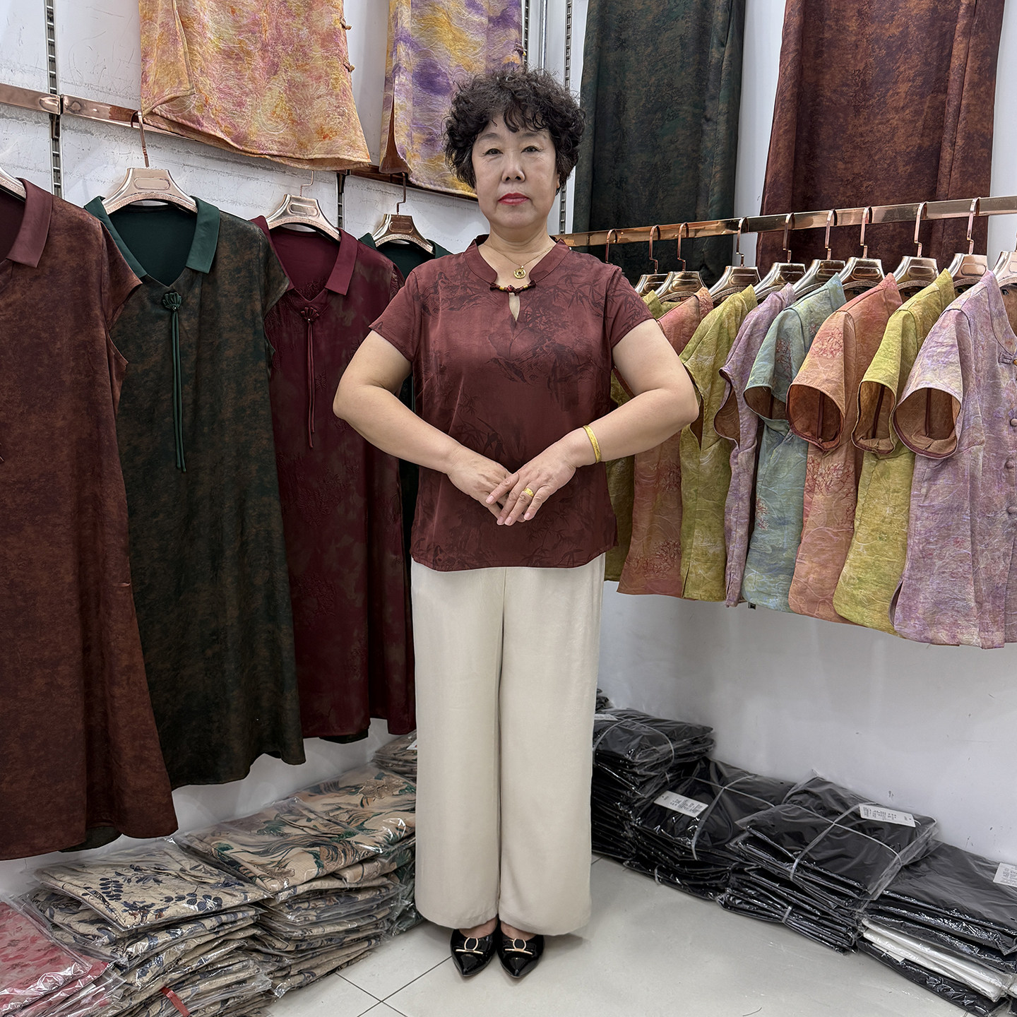妈妈夏季中式复古竹叶印花上衣盘中老年女装