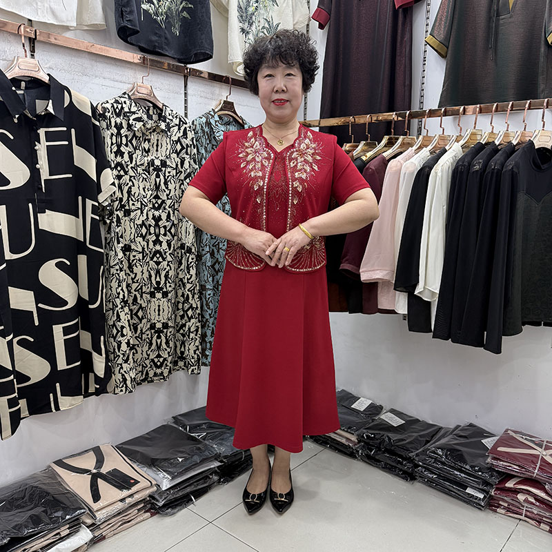 妈妈喜婆婆婚宴两件套红色短袖烫钻开衫内搭连衣裙中年喜庆礼服裙