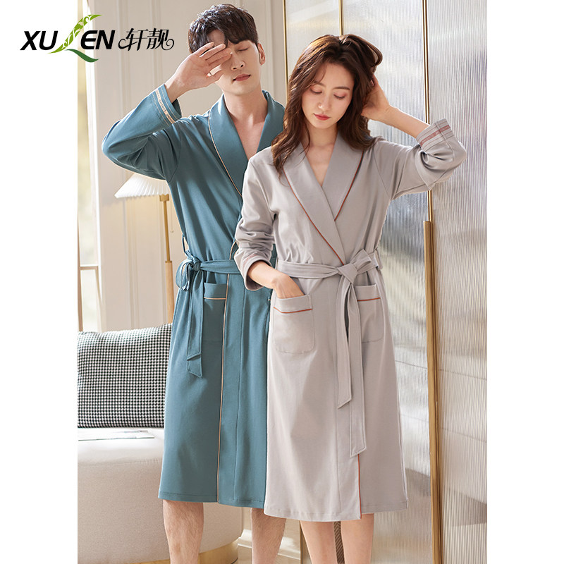 情侣睡袍男女士春秋款纯棉长袖中长款睡衣秋季大码家居服晨袍浴袍