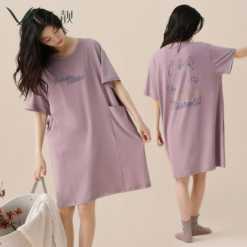 2023新款睡裙女夏季薄款纯棉半袖中长裙睡衣家居服孕妇大码连衣裙