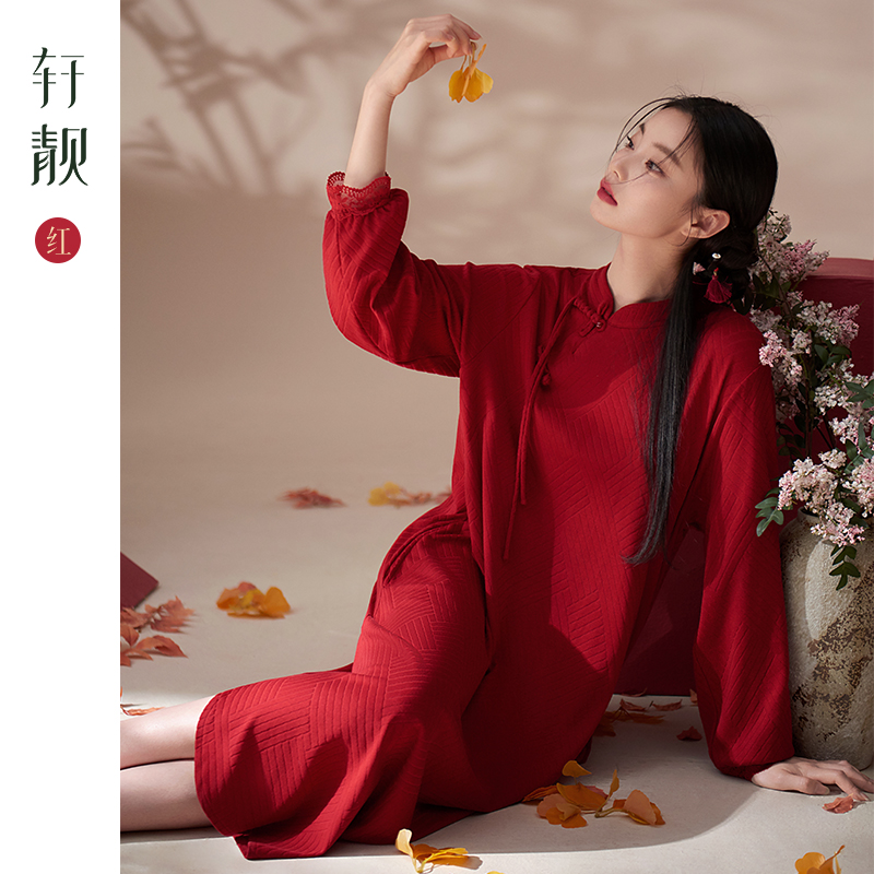 轩靓新中式睡裙女纯棉红色长袖