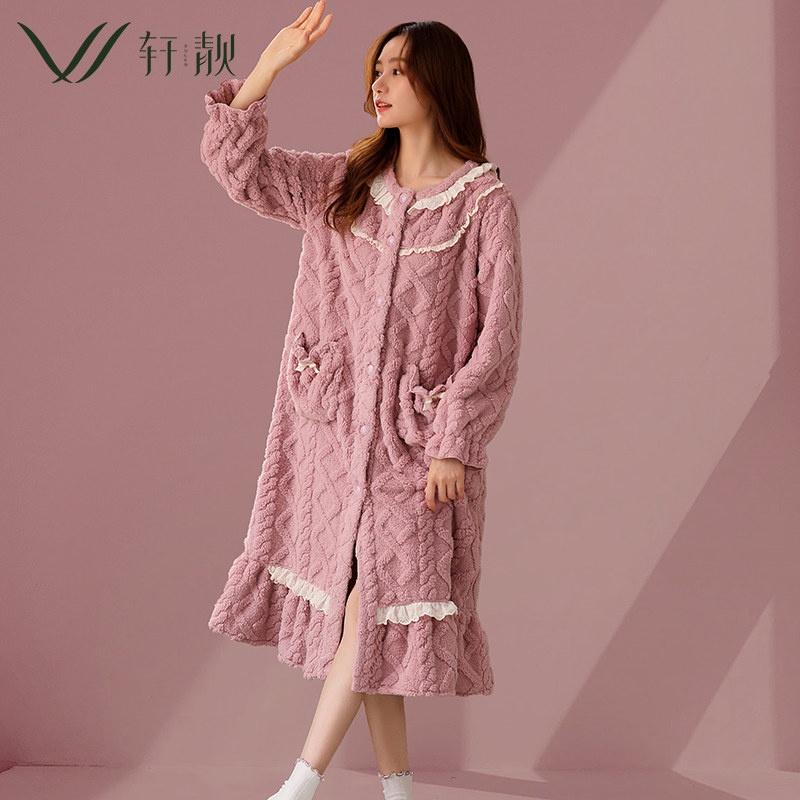 珊瑚绒睡袍女士秋冬季加绒加厚中长款睡衣保暖法兰绒家居服女浴袍