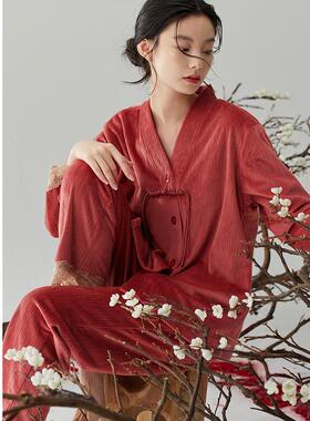 轩靓新中式睡衣女冬季加厚马年海岛绒珊瑚绒红色本命年家居服套装