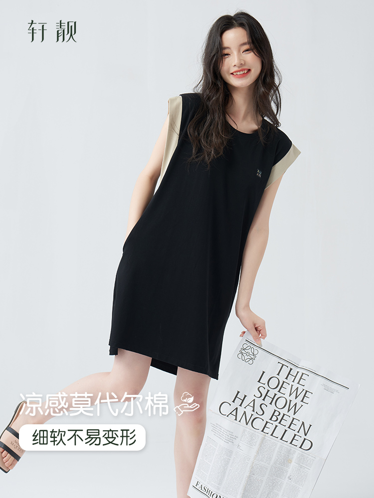 玄亮莫代尔棉质睡衣女士夏季薄背心睡衣吊带黑色家装加码连衣裙