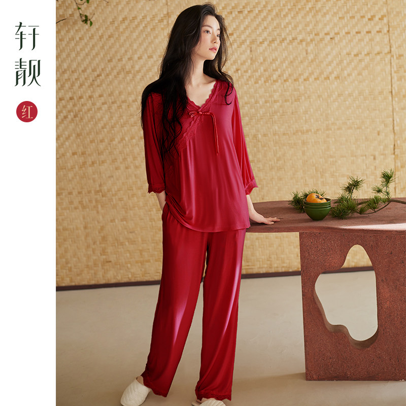 轩靓新中式睡衣女春秋莫代尔半袖七分袖大码红色本命年家居服套装