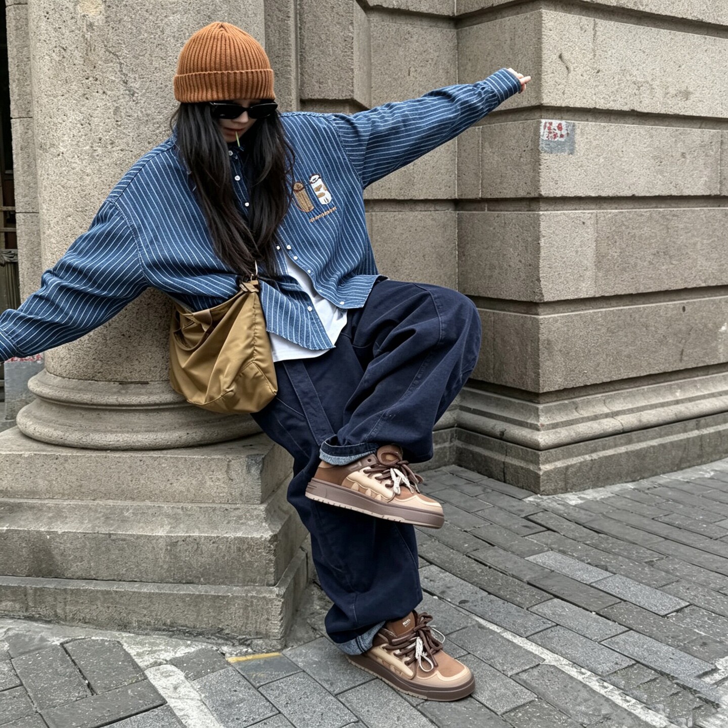 复古竖条纹长袖衬衫女宽松小猫刺绣薄款牛仔衬衣日系百搭叠穿外套图片