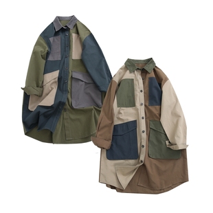 撞色拼接机能风全棉户外风格 外套个性 女士长外套 衬衫 日潮口袋长袖