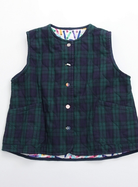 2025秋冬森系复古风格子马甲女圆领单排扣无袖外搭气质上衣绿色