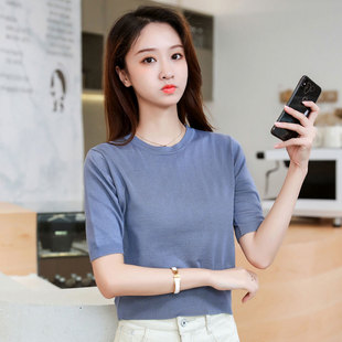 2026夏天收腰短袖冰丝毛衣女士短款小个子针织衫上衣修身薄款线衣