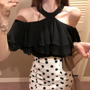 挂脖心机上衣很仙的2026夏季性感露肩雪纺衫超仙荷叶边漏锁骨小衫