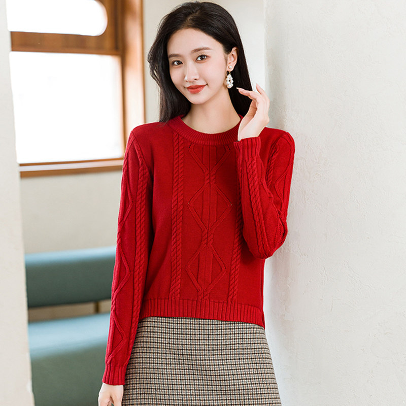 复古麻花短款毛衣下摆开叉针织衫2026年秋冬保暖加厚套头打底上衣