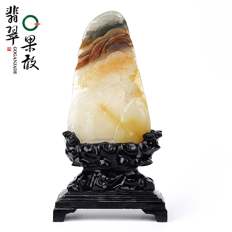 s9574玉版纳珠宝 黄龙玉山中访友摆件玉石山水意境摆件