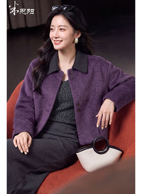 复古撞色翻领短款毛呢外套女