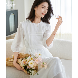 A字裙女2520 简约度假风纯色连衣裙收腰七分袖 米思阳2025夏季 新款