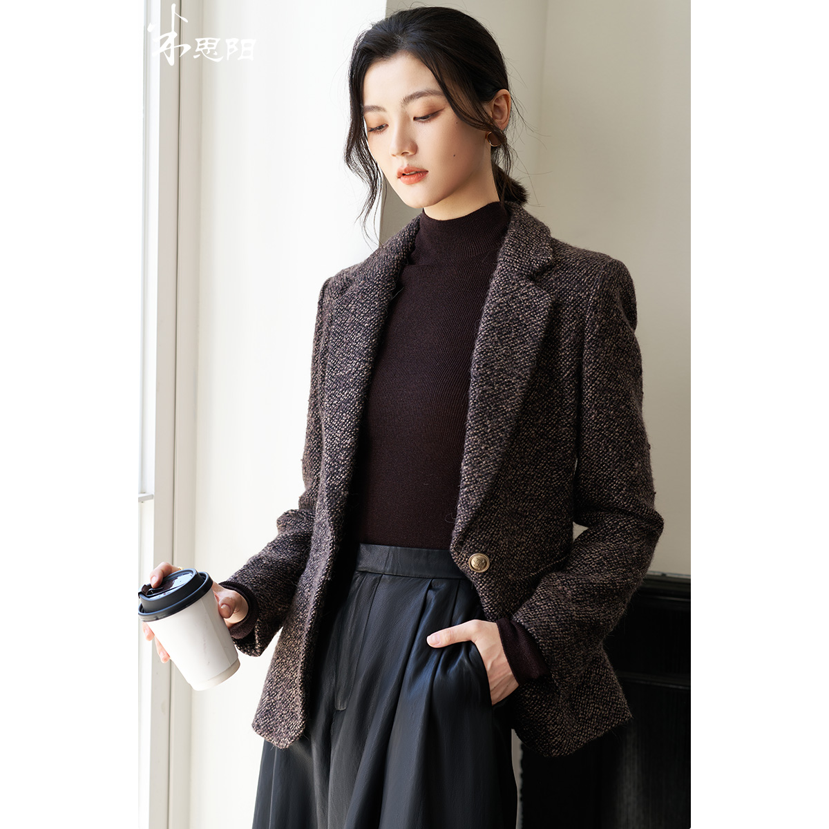 米思阳2024冬季新款通勤职业毛呢西装英伦风小个子西服外套女1775