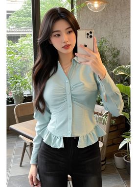 米思阳新款气质修身褶皱衬衫洋气别致小衫女7Y25BC2745