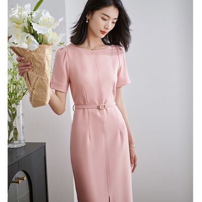 米思阳新款通勤时尚短袖连衣裙收腰显瘦气质包臀裙5M24BL2419