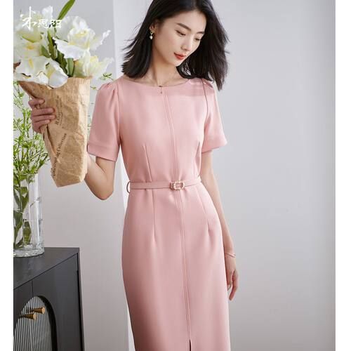 米思阳新款通勤时尚短袖连衣裙收腰显瘦气质包臀裙5M24BL2419