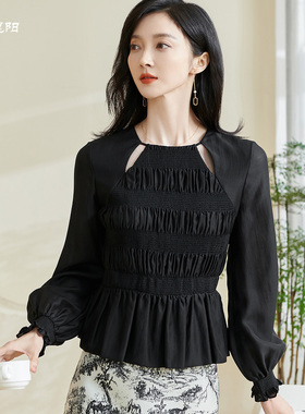 米思阳2025秋季新款法式别致上衣纯色镂空设计感灯笼袖衬衫女0241