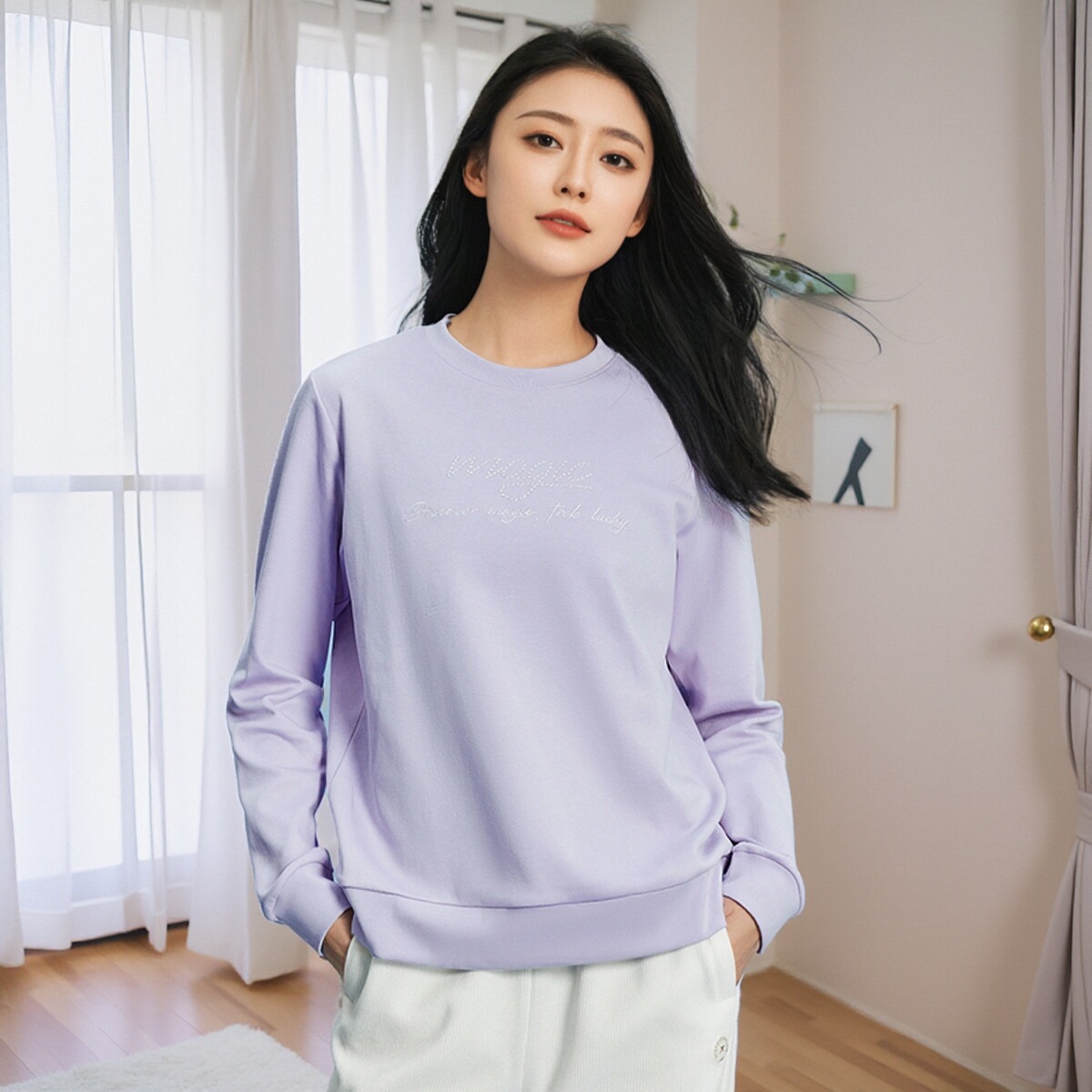 特步运动卫衣女2025春季新款宽松套头衫休闲印花上衣976128920299