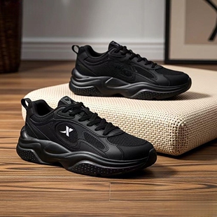 厚底黑色轻便透气运动鞋 特步黑武士休闲鞋 老爹鞋 新款 男 男2026春季