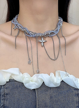 项链甜酷流苏十字架串珠轻奢颈链