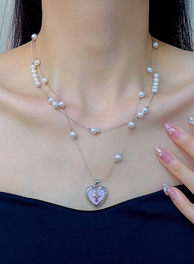 甜美粉色爱心吊坠项链女双层叠戴