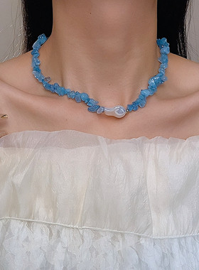 蓝色手工串珠项链小众锁骨链夏日