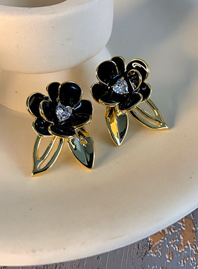 银针花朵黑色滴油耳钉氧化锆欧美zirconia潮流时尚百搭耳饰批发