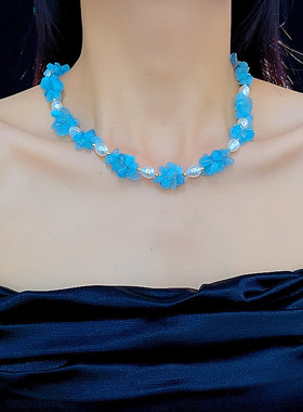 不规则蓝色碎石串珠项链女小众设