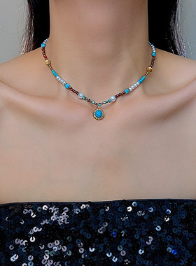 复古天然绿松石吊坠串珠项链小众