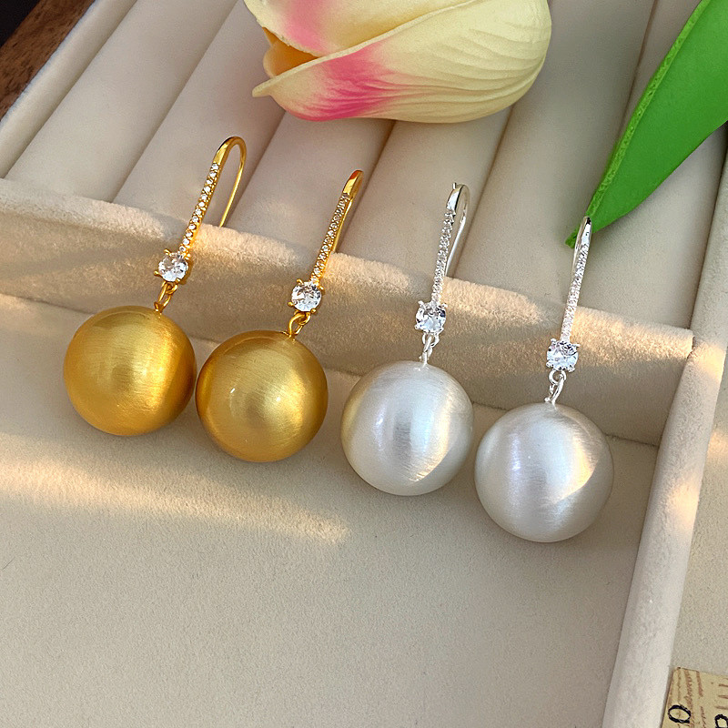 复古长款锆石拉丝金属圆球耳钩小