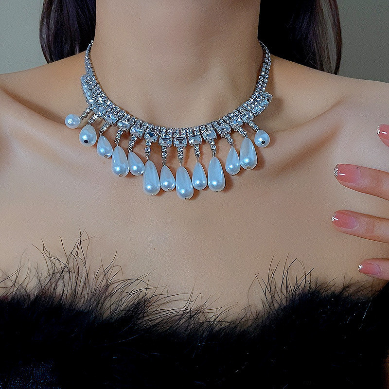 韩国镶钻珍珠不规则流苏项链欧美