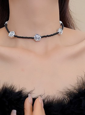 新中式复古玫瑰花黑色串珠项链温