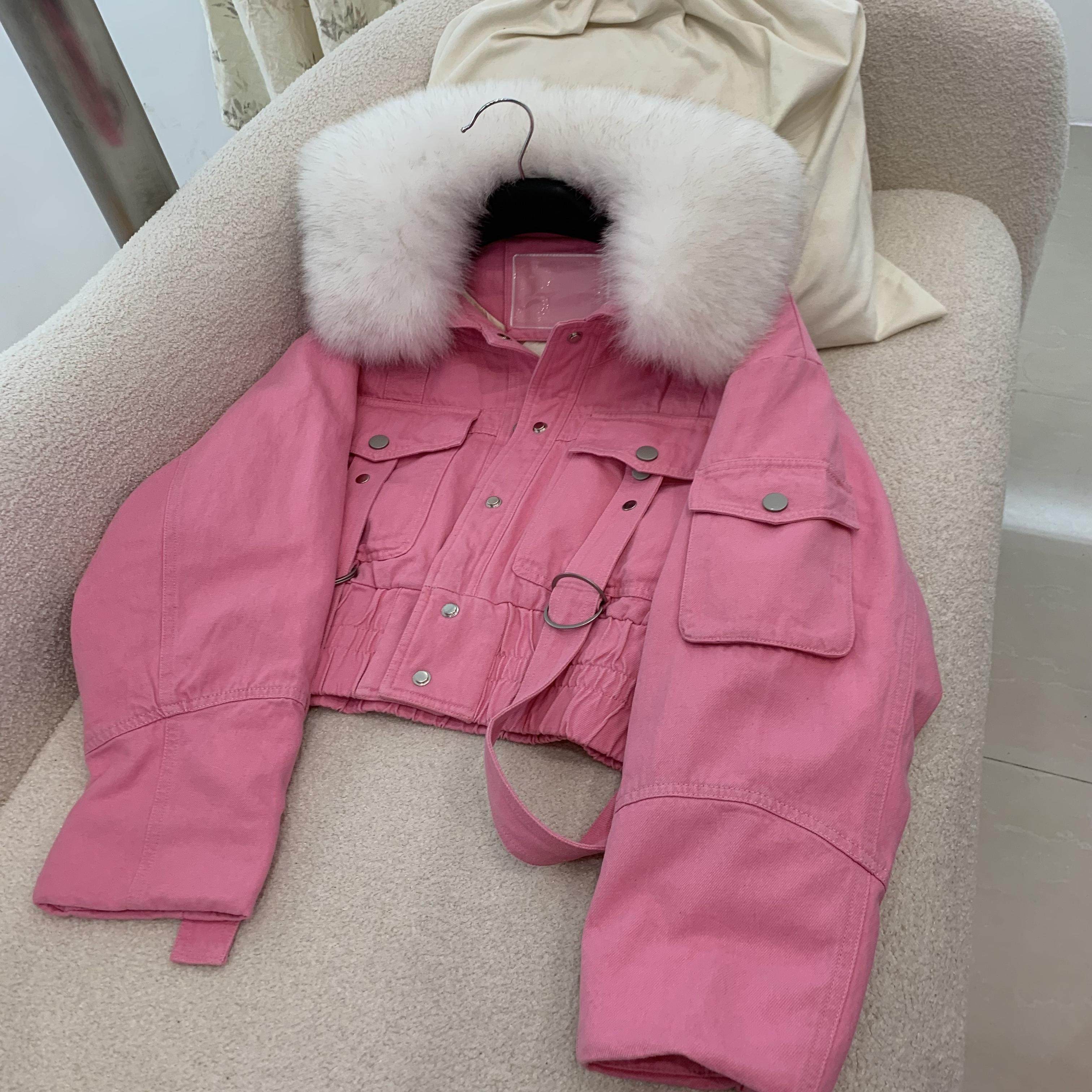 《实拍》狐狸毛领牛仔服羽绒外套鹅绒服