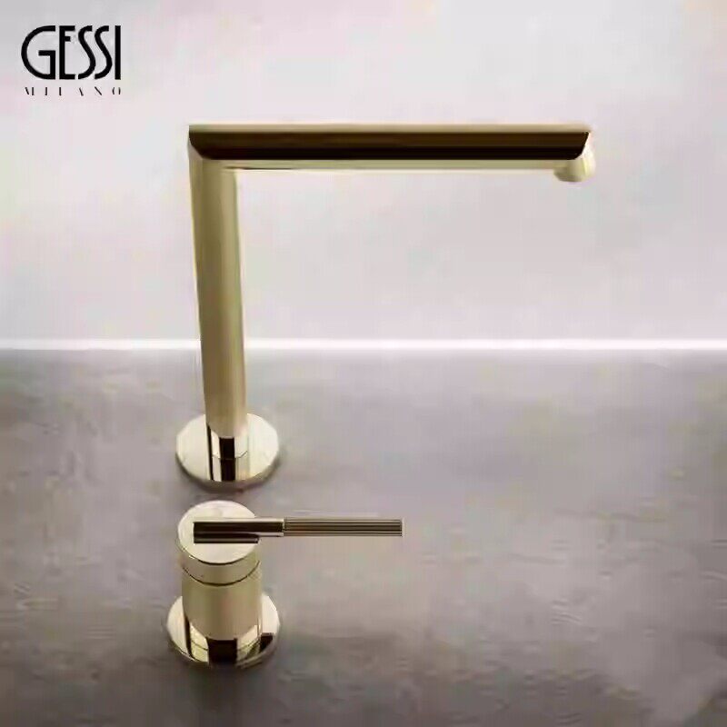 意大利拉丝金复古岛台水龙头浴室台盆全铜两孔洗手盆艺术单孔龙头