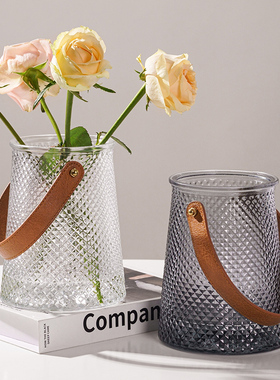 北欧风创意玻璃花瓶网红手提款水培鲜花仿真花插花瓶客厅装饰摆件