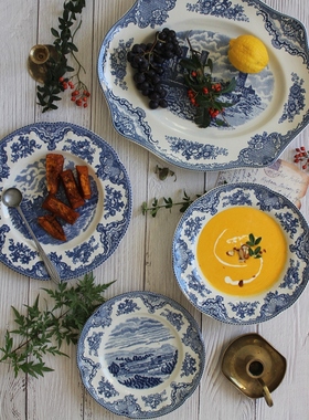 外贸陶瓷出口johnson brothers 蓝色古堡 平盘子 鱼盘 壶 咖啡杯