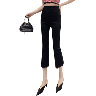 微辣喇叭裤小个子高腰7分小个微喇裤七分打底女裤高弹小黑裤春秋