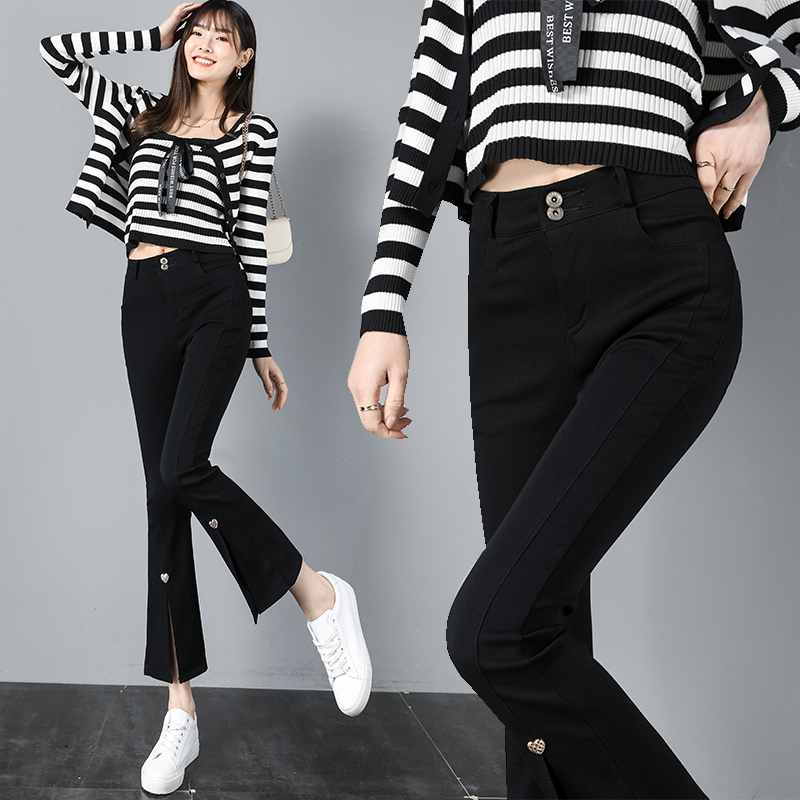 高腰休闲八九分开叉微辣小黑裤女