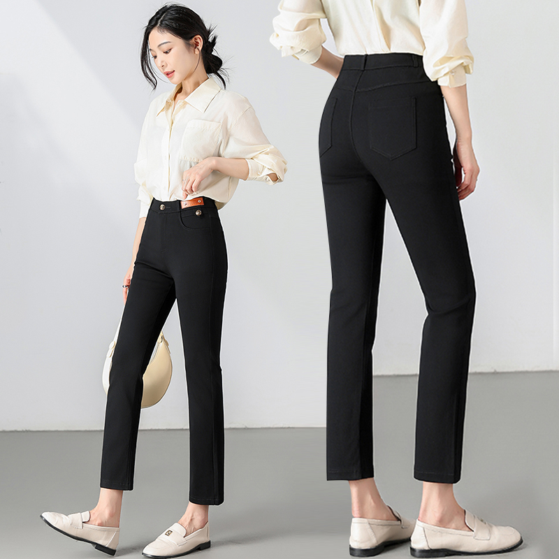 拉链款八九分弹力小直筒休闲裤